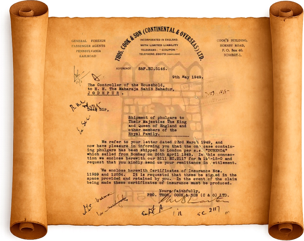 Letter from Thos. Cook & Son, Bombay, 9 May 1949: shipment of Phulgars to Their Majesties The King and Queen of England