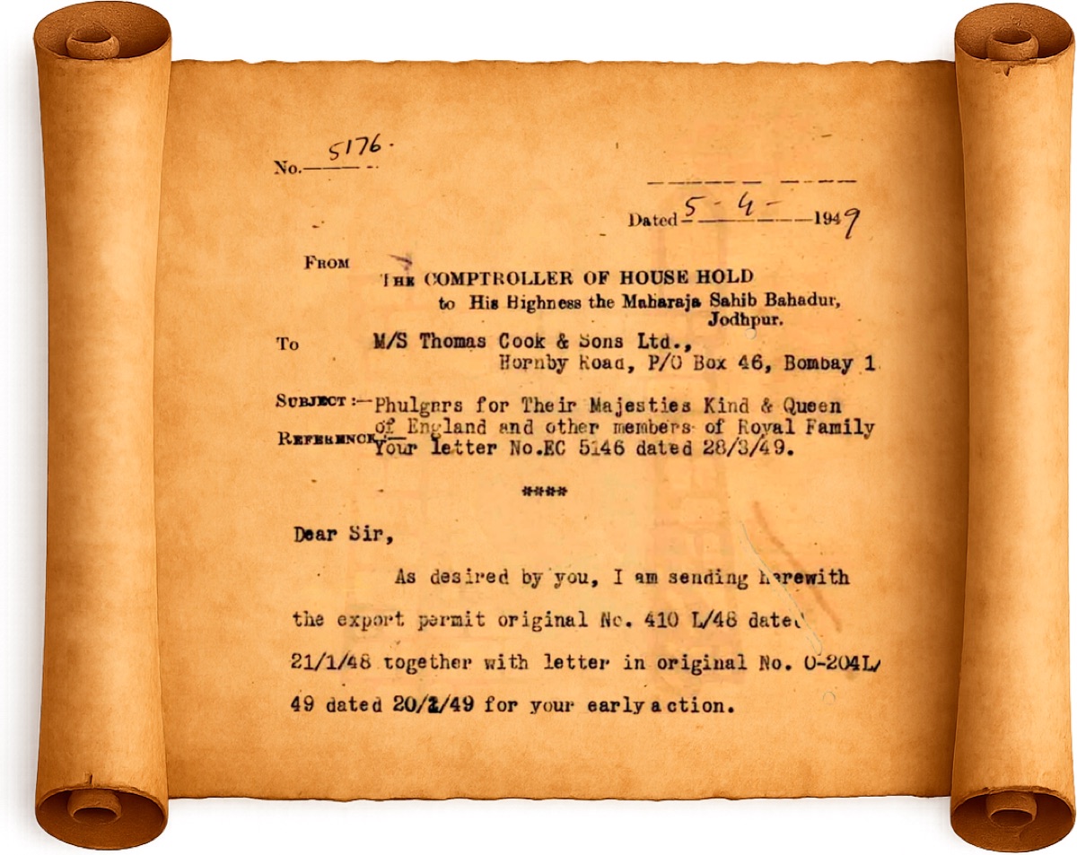 Letter from the Comptroller of the Household to His Highness the Maharaja Sahib Bahadur, Jodhpur, 1949
